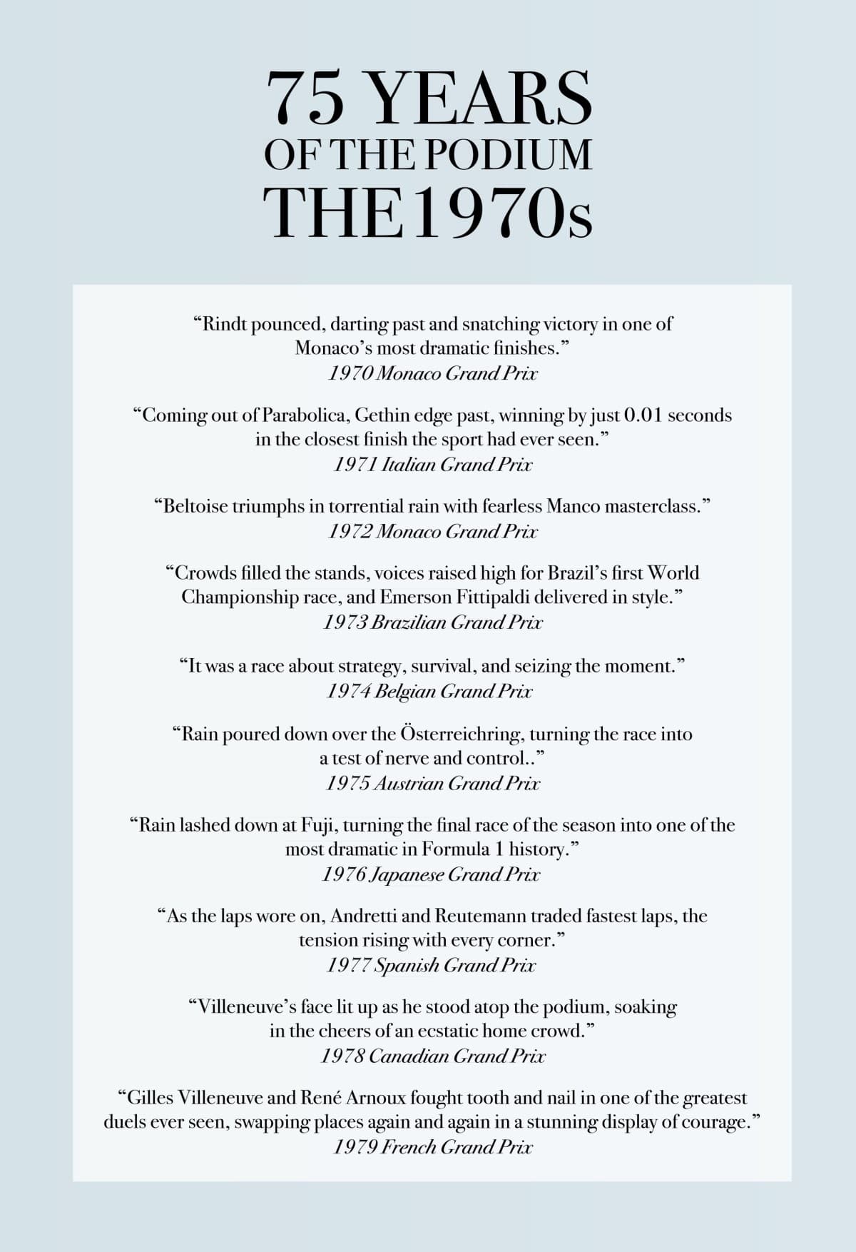 75 YEARS OF THE PODIUM - The 1970s