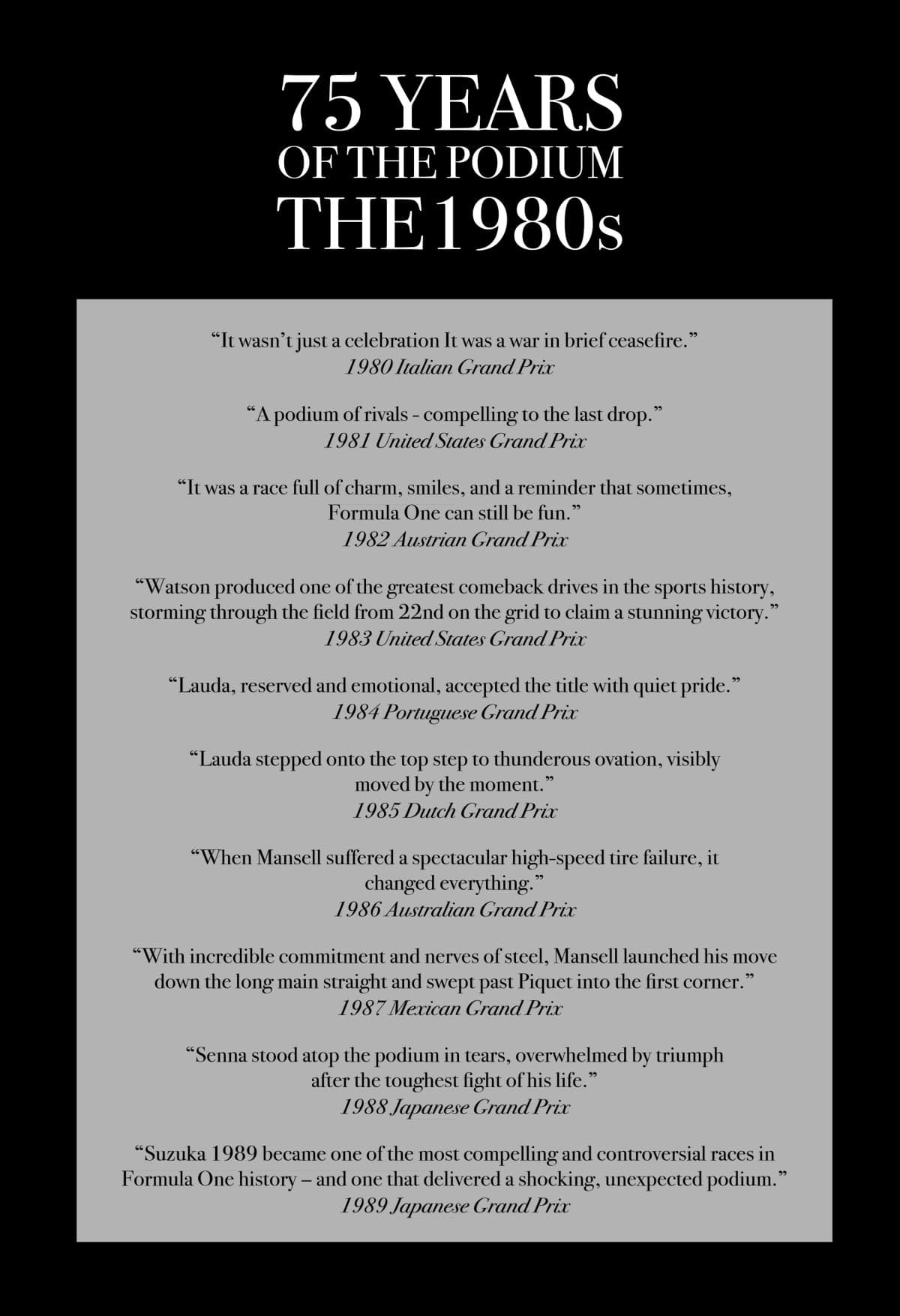 75 YEARS OF THE PODIUM - The 1980s