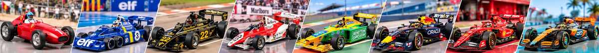 Formula 1 model cars spanning eight decades of racing